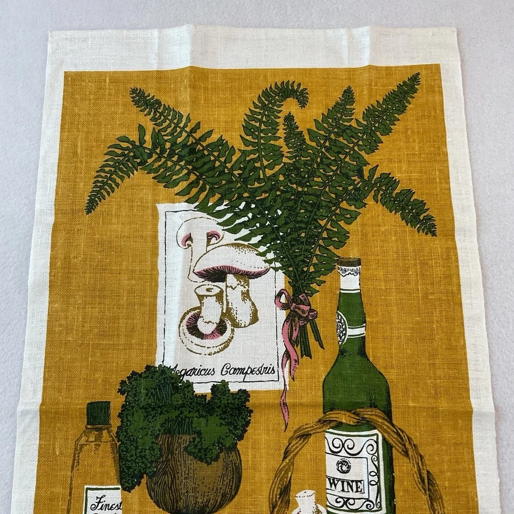 Kay Dee Handprints Linen‎ Kitchen Towel Mushrooms Lois Long Wine Basket VTG NEW